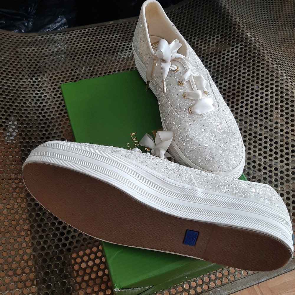 kate spade White Glitter Ribbon Lace-Up Platform Sneakers